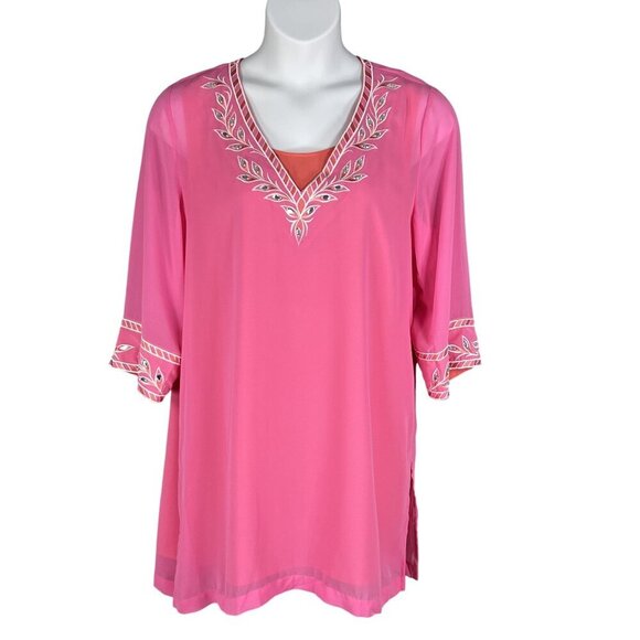 Bob Mackie NWT L Pink Embroidered Chiffon Tunic Embellished Top 3/4 Sleeve Artsy - Picture 7 of 16